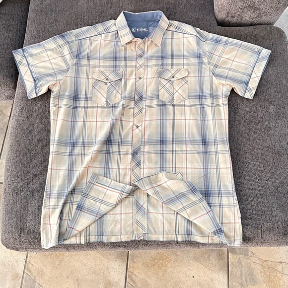 Kuhl ELuxur Short Sleeve Pearl Snap Shirt Mens Sz XL Blue Plaid Outdoor Hiking - Picture 4 of 6